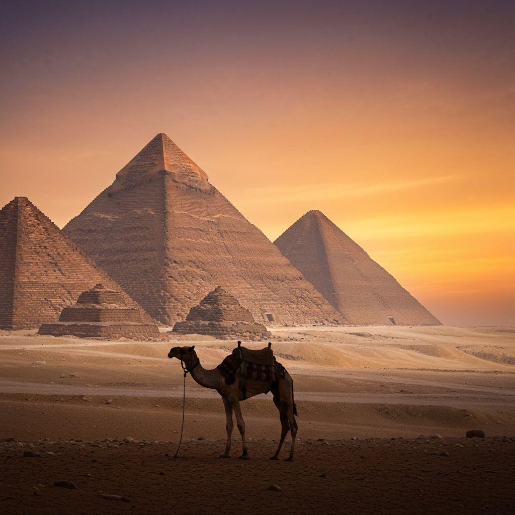 Pyramiden von Gizeh bei Sonnenuntergang