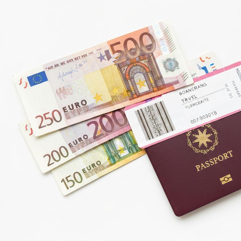 Euro-Scheine neben Flugticket und Reisepass