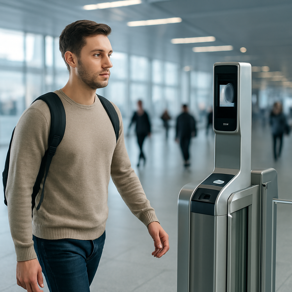 Passagier passiert ein automatisches Gate mit Gesichtserkennung am Flughafen