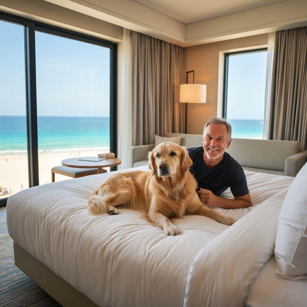 Hund entspannt auf Hotelbett mit Besitzer