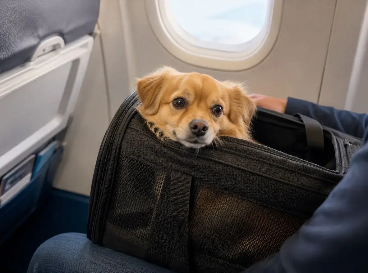 Kleiner Hund schaut aus einer schwarzen Transporttasche im Flugzeug am Fensterplatz
