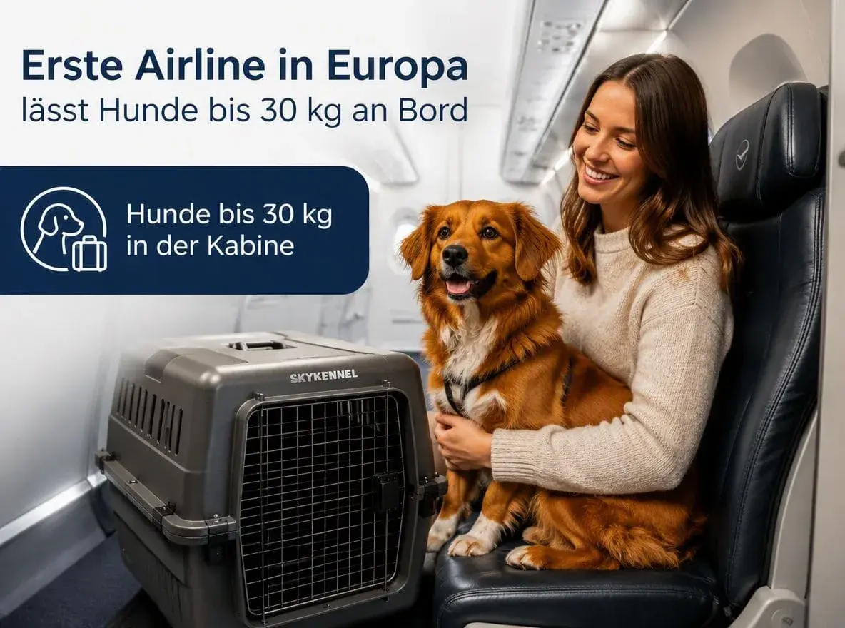 Werbegrafik von ITA Airways: Frau mit großem Hund im Flugzeugsitz neben einer Transportbox, Hinweis auf Hunde bis 30 kg in der Kabine