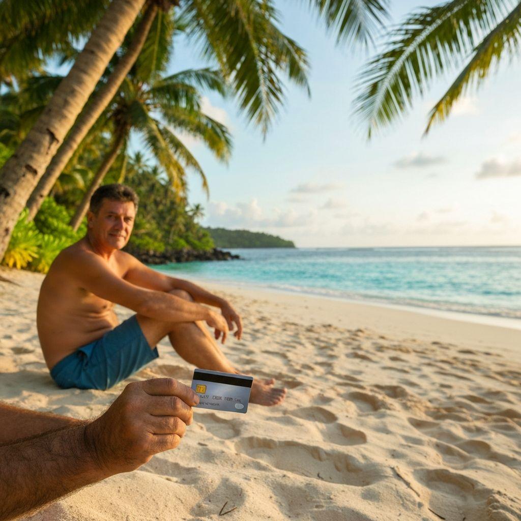 Kreditkarte am Strand im Urlaub
