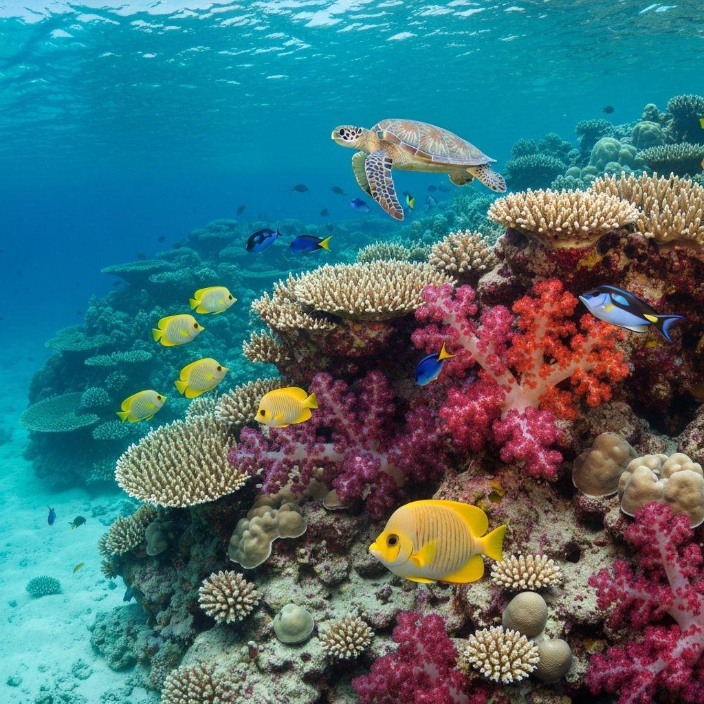 Farbenprächtiges Korallenriff mit Weichkorallen und Fischschwärmen in Marsa Alam