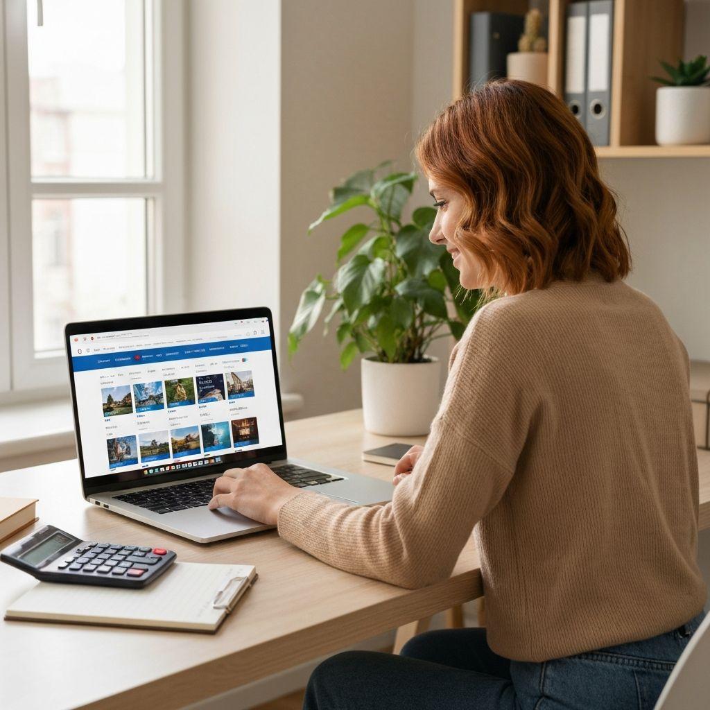 Person vergleicht Reisepreise am Laptop