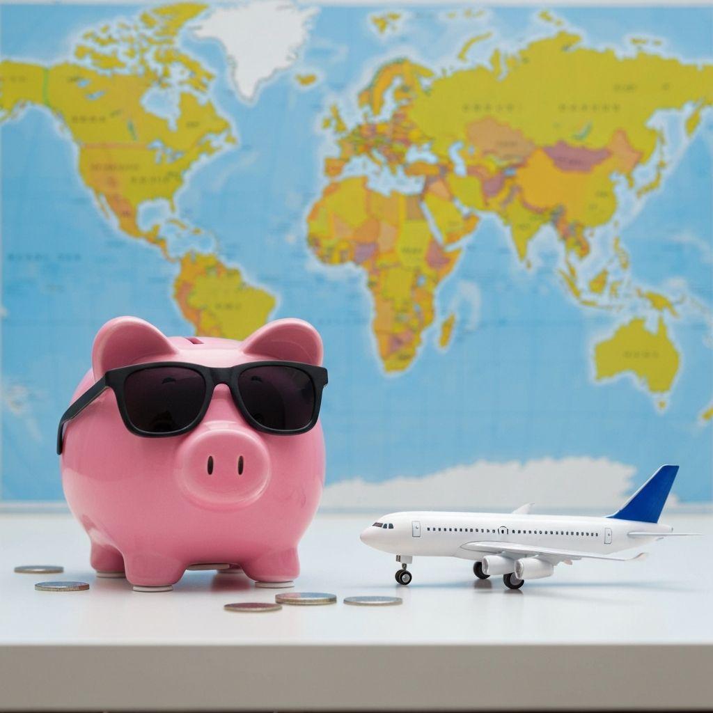 Sparschwein mit Sonnenbrille und Flugzeug