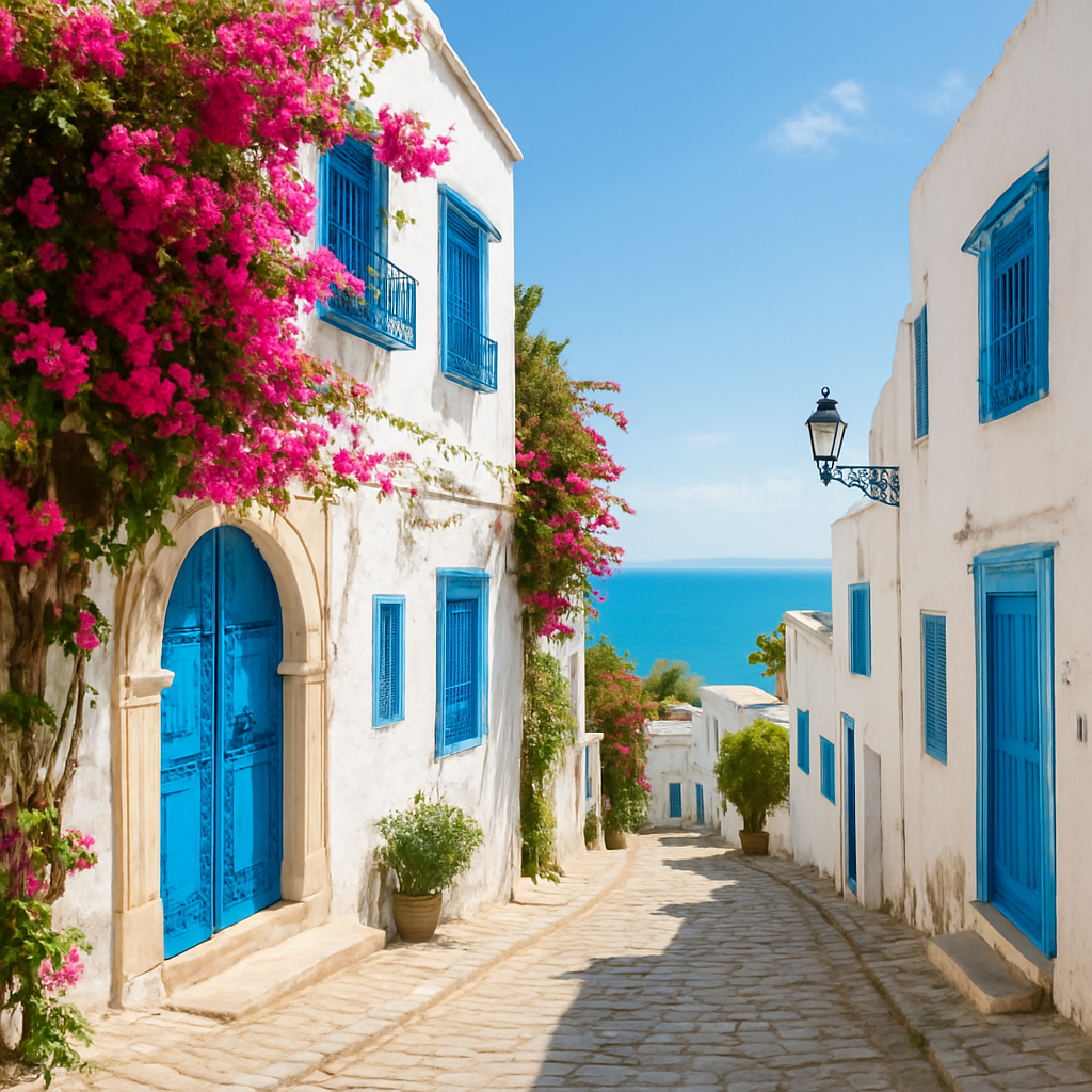 Weiß-blaue Häuser im Künstlerdorf Sidi Bou Said in Tunesien
