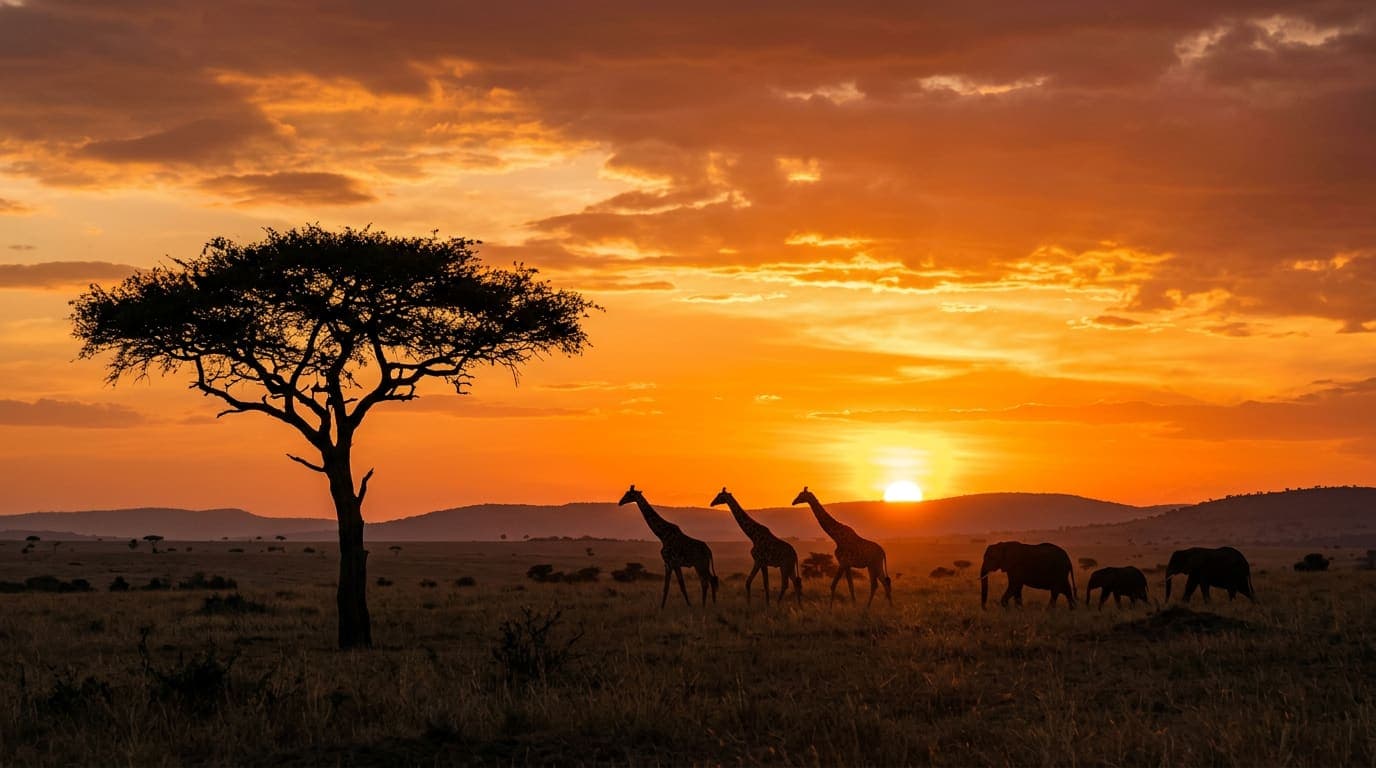Safari in der Savanne mit Akazie und Giraffen bei Sonnenuntergang