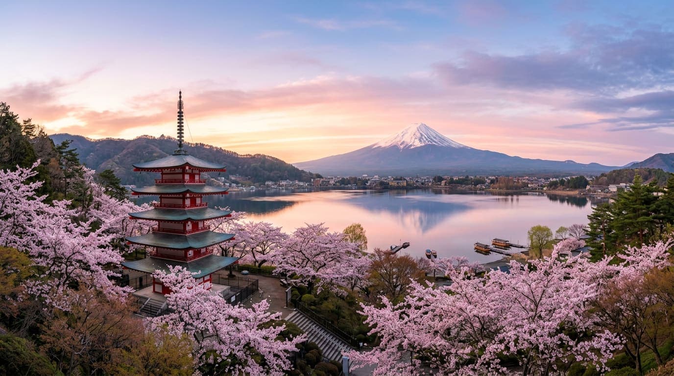 Japanische Pagode mit Kirschblüten und Fuji im Morgenlicht