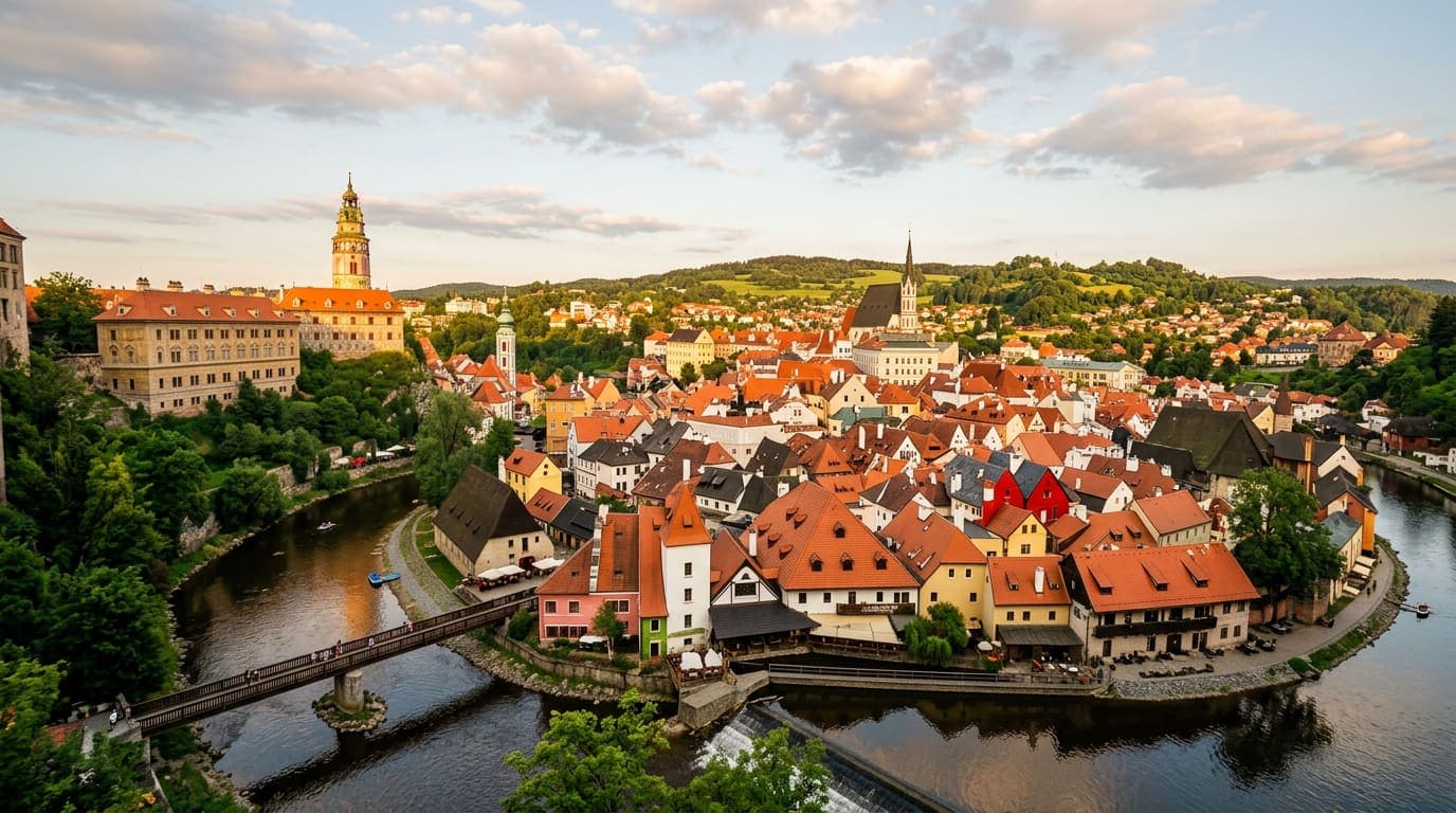 Historische europäische Altstadt mit Burg und Kirchturm im Abendlicht