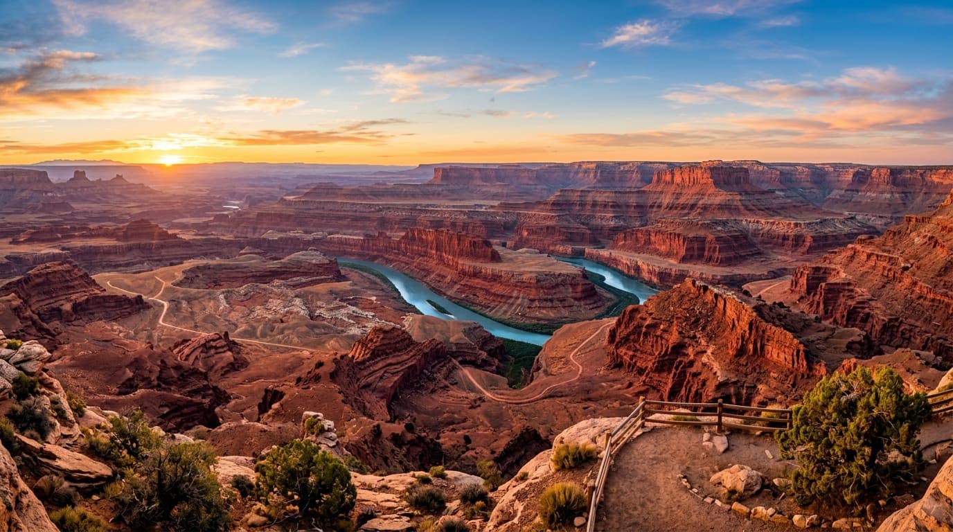 Rote Canyon-Landschaft mit Fluss in Nordamerika bei Sonnenuntergang