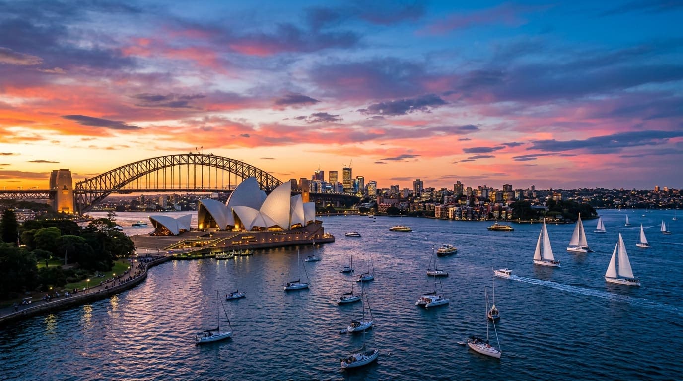 Hafen von Sydney mit Opernhaus und Segelbooten bei Sonnenuntergang
