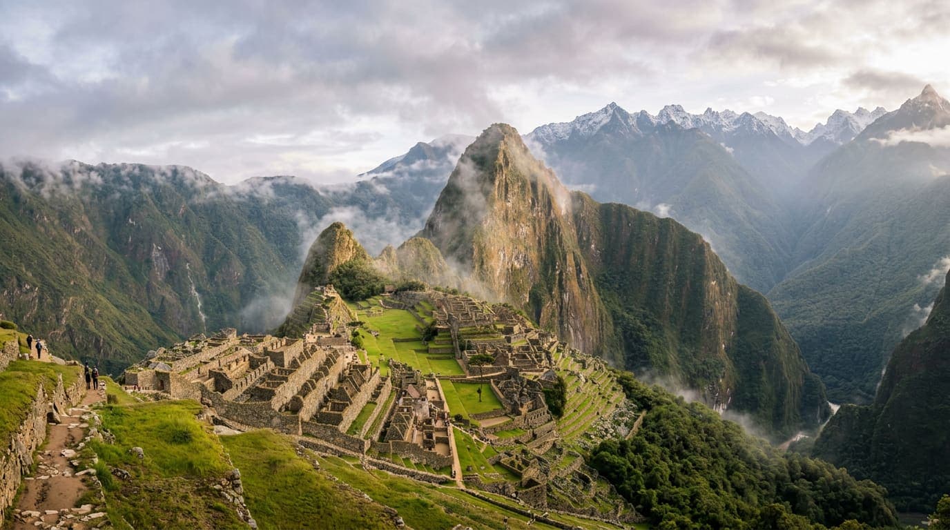 Machu Picchu in den nebligen Anden von Südamerika