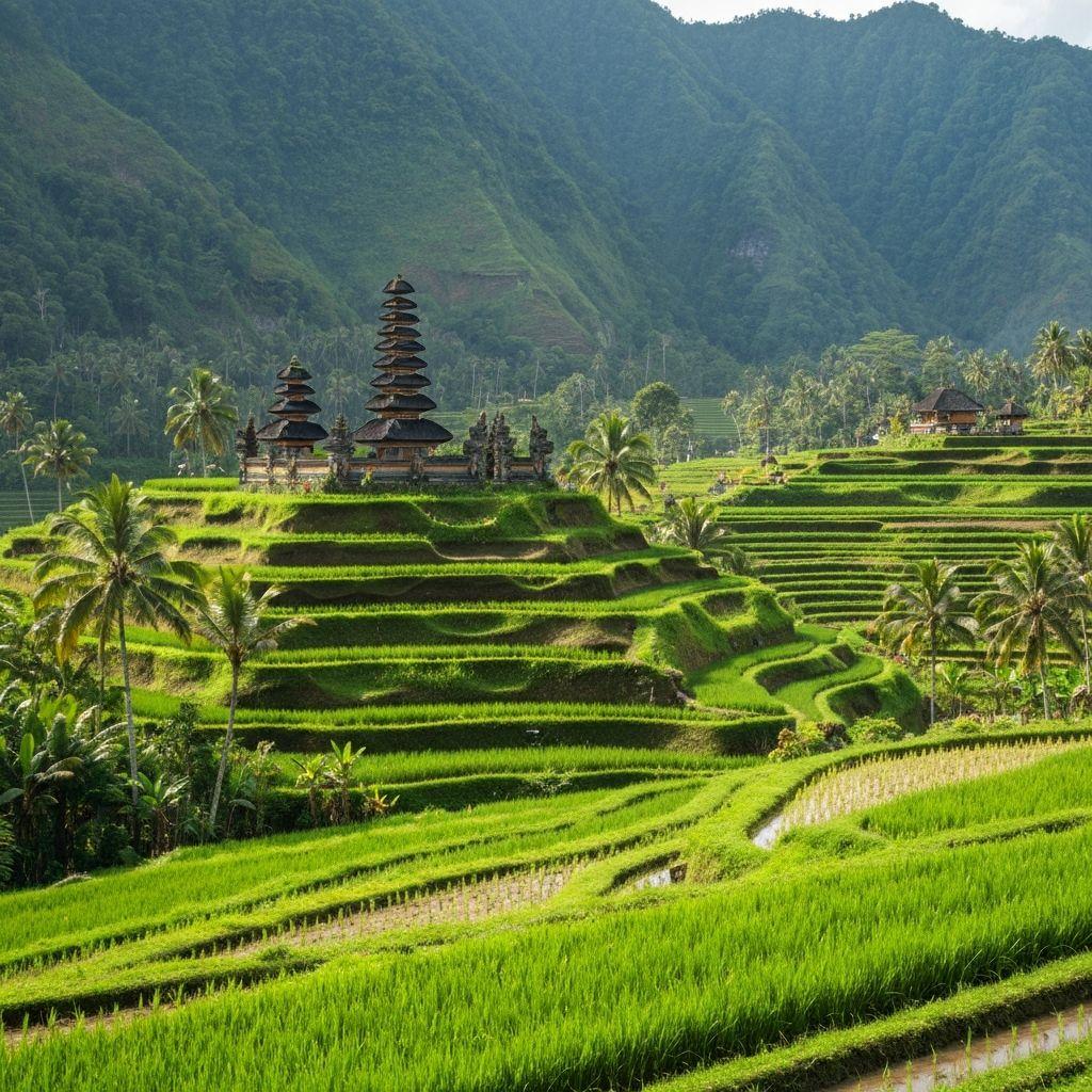 Bali Indonesien - Reisterrassen und tropische Tempel bei Sonnenaufgang