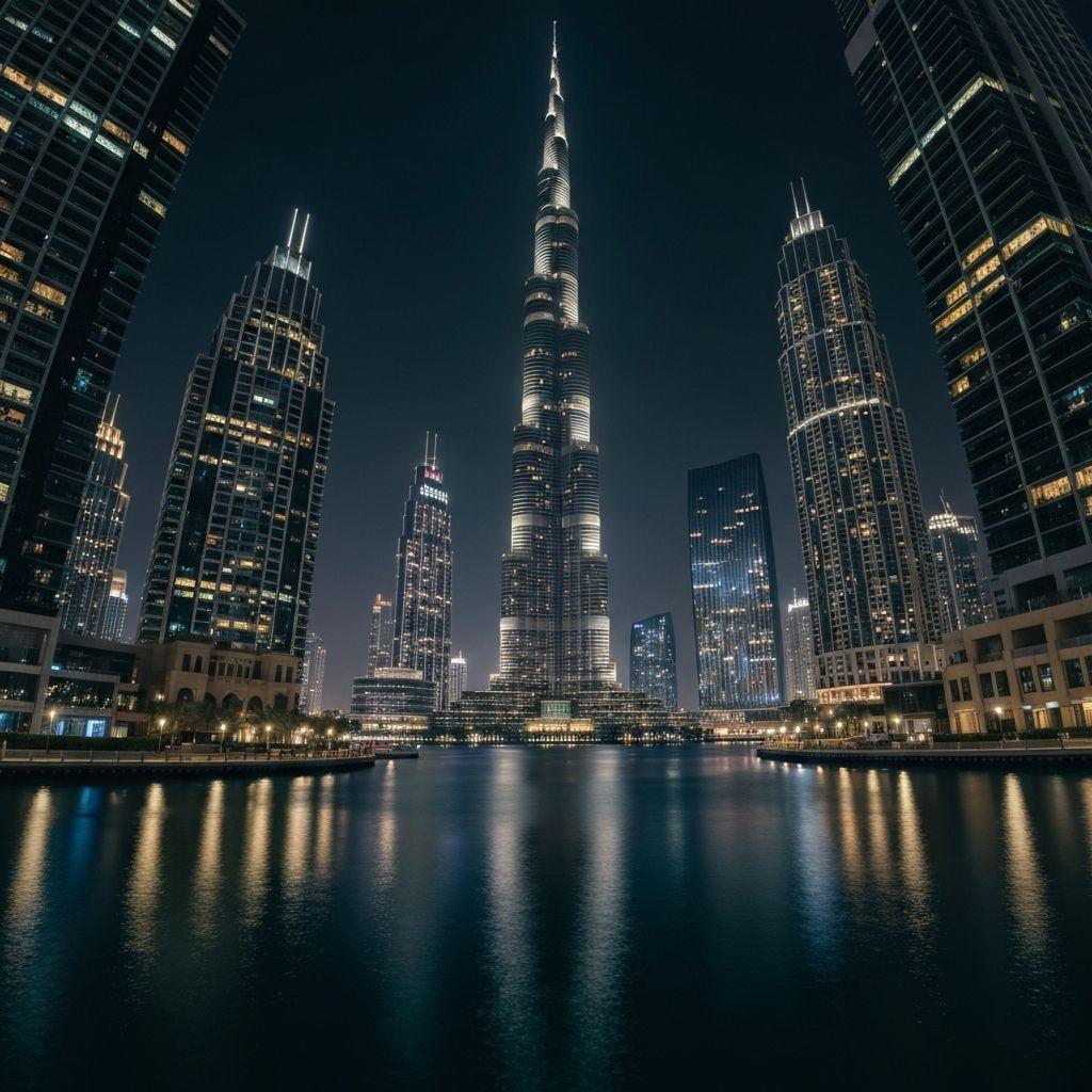 Dubai VAE - Burj Khalifa und moderne Skyline bei Nacht