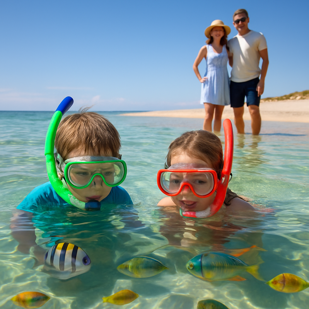 Kinder schnorcheln im klaren Mittelmeer beim Familienurlaub am Strand