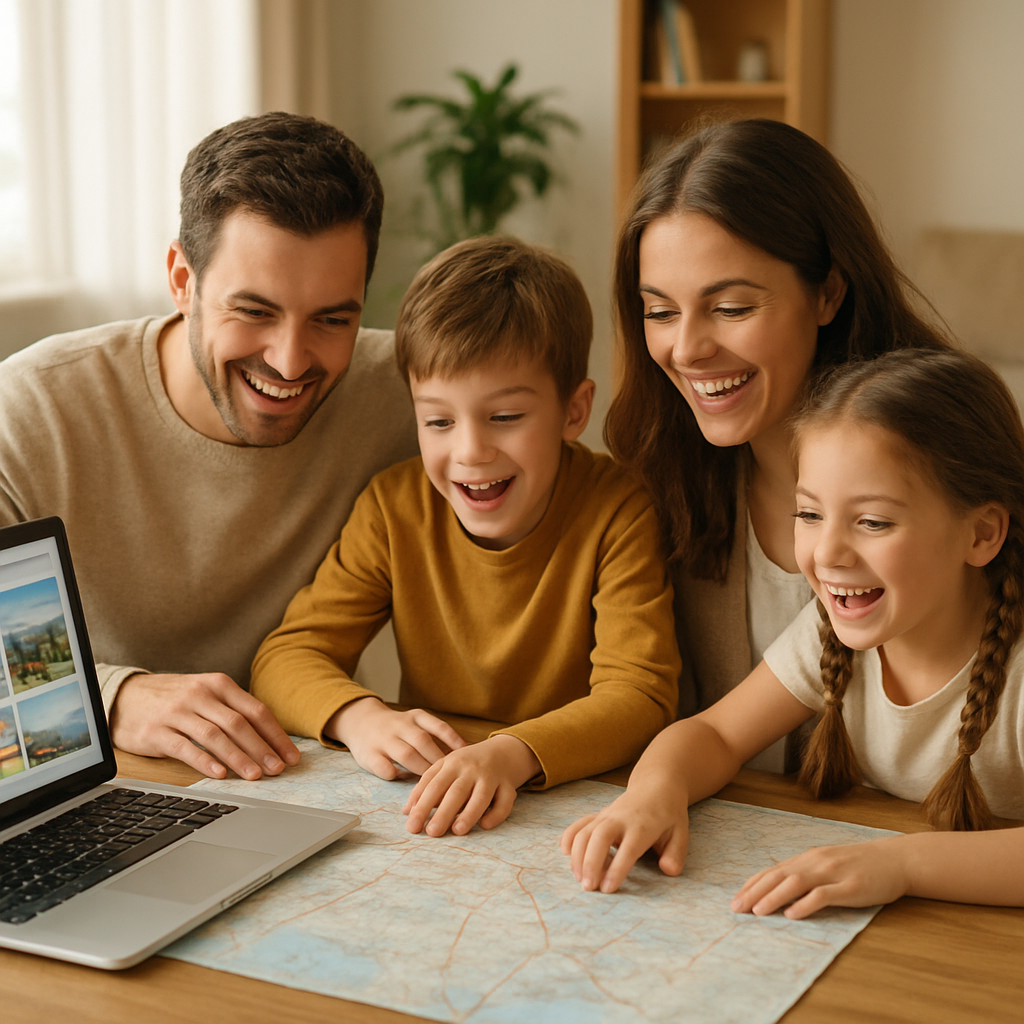 Familie plant gemeinsam den Urlaub zu Hause mit Karte und Laptop