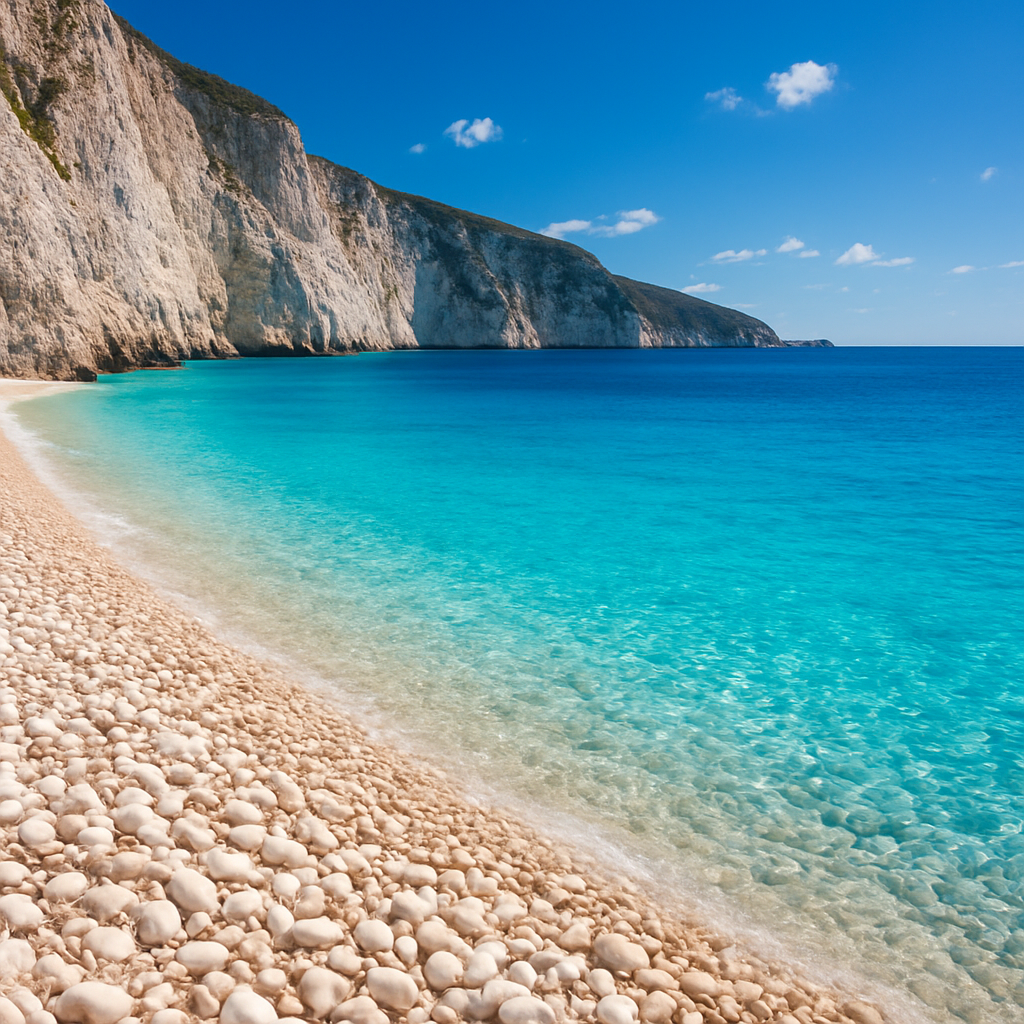 Traumstrand in Griechenland mit türkisfarbenem Wasser und weißen Felsen