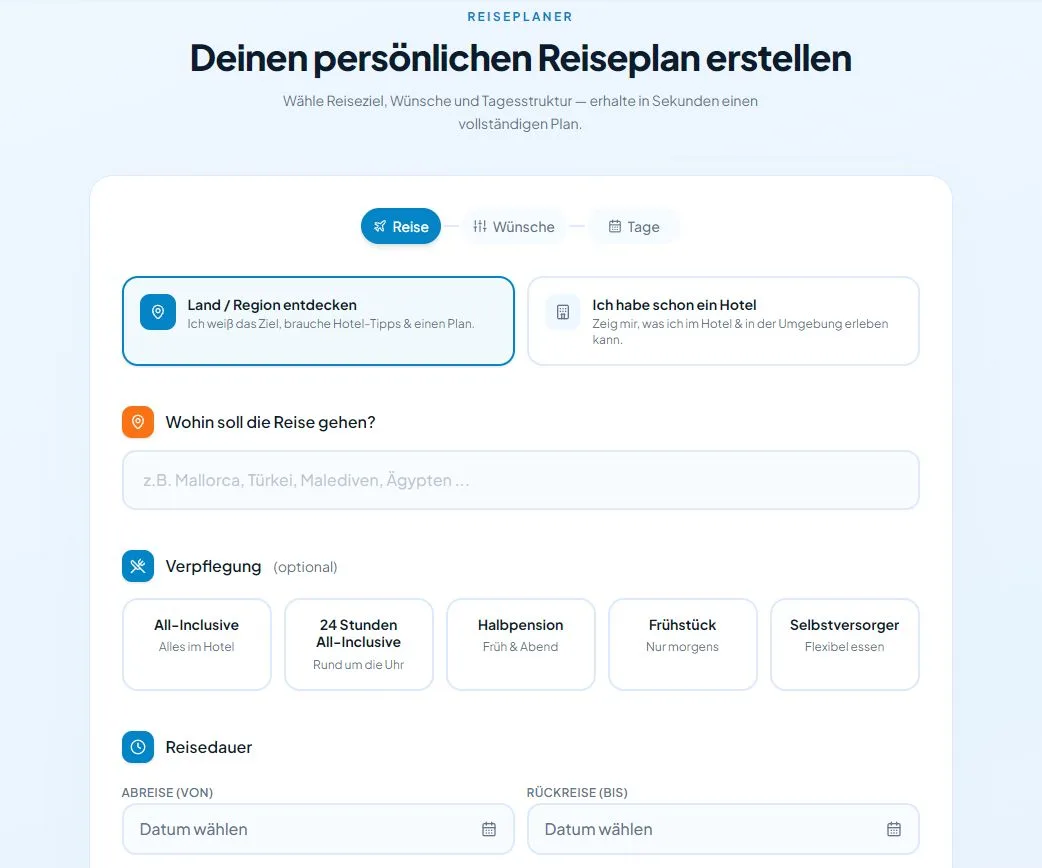 Der kostenlose KI-Reiseplaner von Flugreisen.net: Formular mit Reiseziel, Verpflegung und Reisedauer