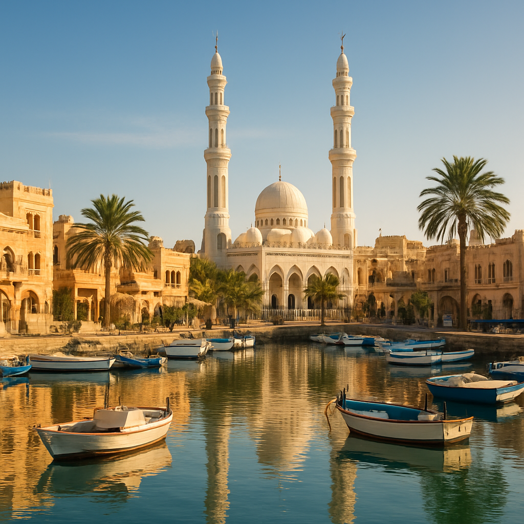Marina mit Al-Mina-Moschee und Booten in der Altstadt von Hurghada