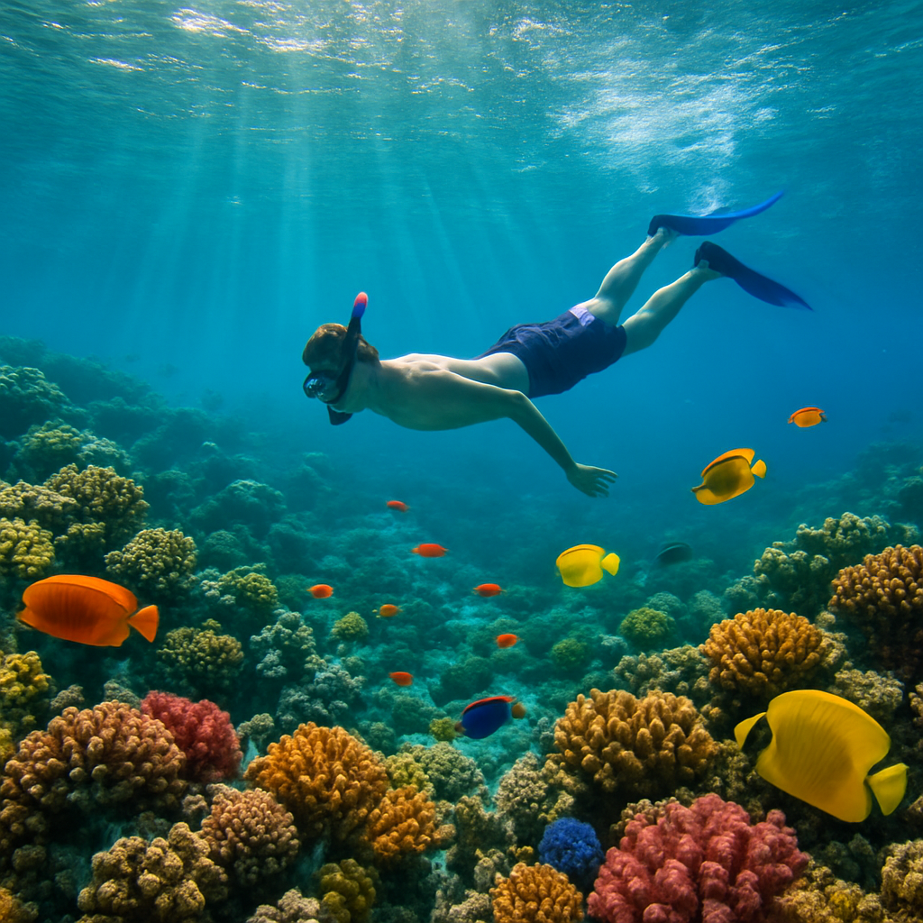 Schnorcheln am Korallenriff im Roten Meer bei Hurghada mit bunten Fischen
