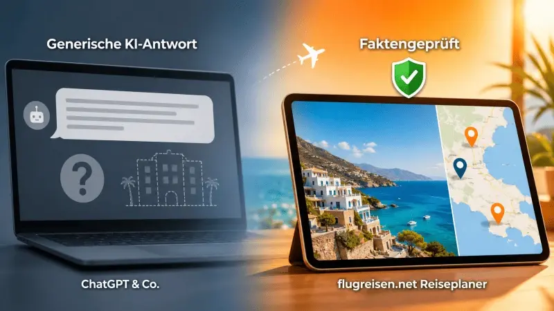 Vergleich KI-Reiseplaner: Laptop mit generischer, unverifizierter ChatGPT-Antwort links, Tablet mit faktengeprüftem flugreisen.net Reiseplaner inklusive Karte und Hotelfoto rechts