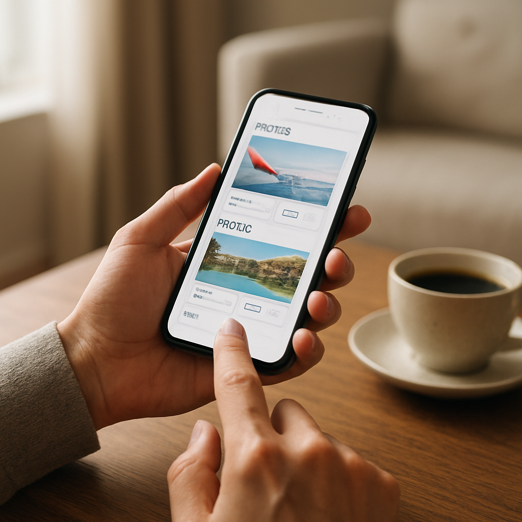 Person sucht Last-Minute-Reiseangebote auf dem Smartphone