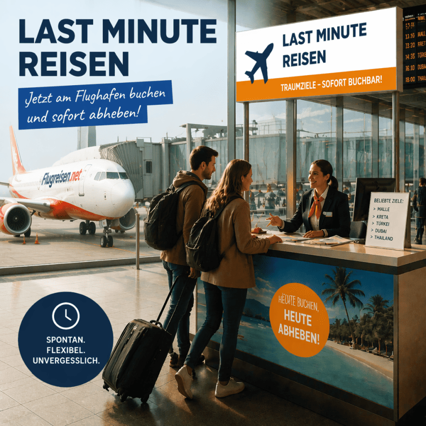 Belebter Flughafen-Terminal mit Reisenden und Abflugtafeln für Last-Minute-Urlaub