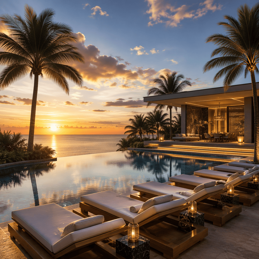 Luxuriöser All-Inclusive Hotelpool mit Meerblick und Palmen bei Last-Minute-Urlaub
