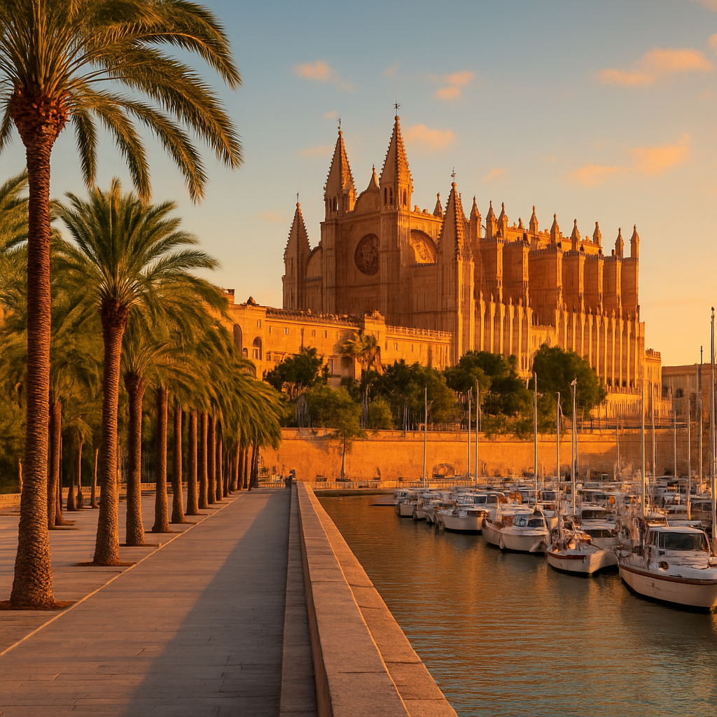 Kathedrale La Seu von Palma de Mallorca im Abendlicht mit Hafen und Palmen