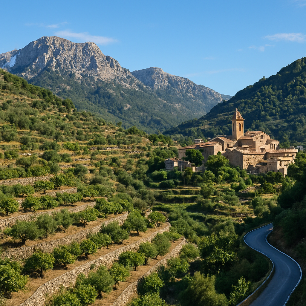 Serra de Tramuntana Gebirge auf Mallorca mit Olivenhainen und Bergdorf