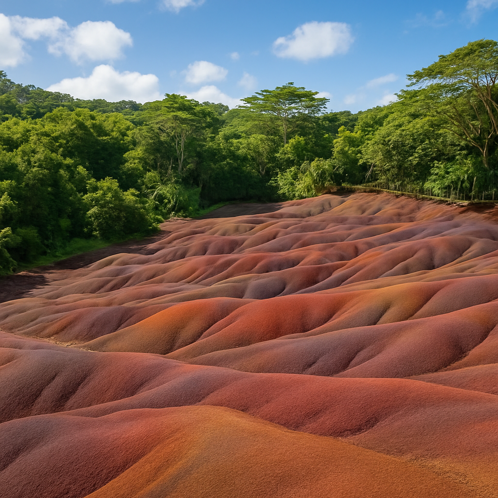 Siebenfarbige Erde von Chamarel auf Mauritius mit rot-braun-violetten Sanddünen