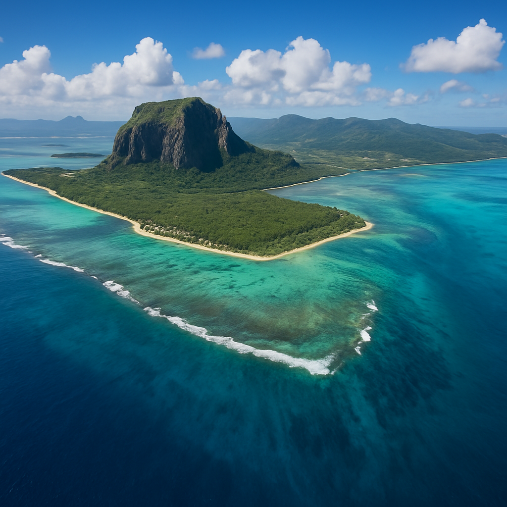 Berg Le Morne Brabant auf Mauritius mit türkisfarbenem Ozean aus der Luft