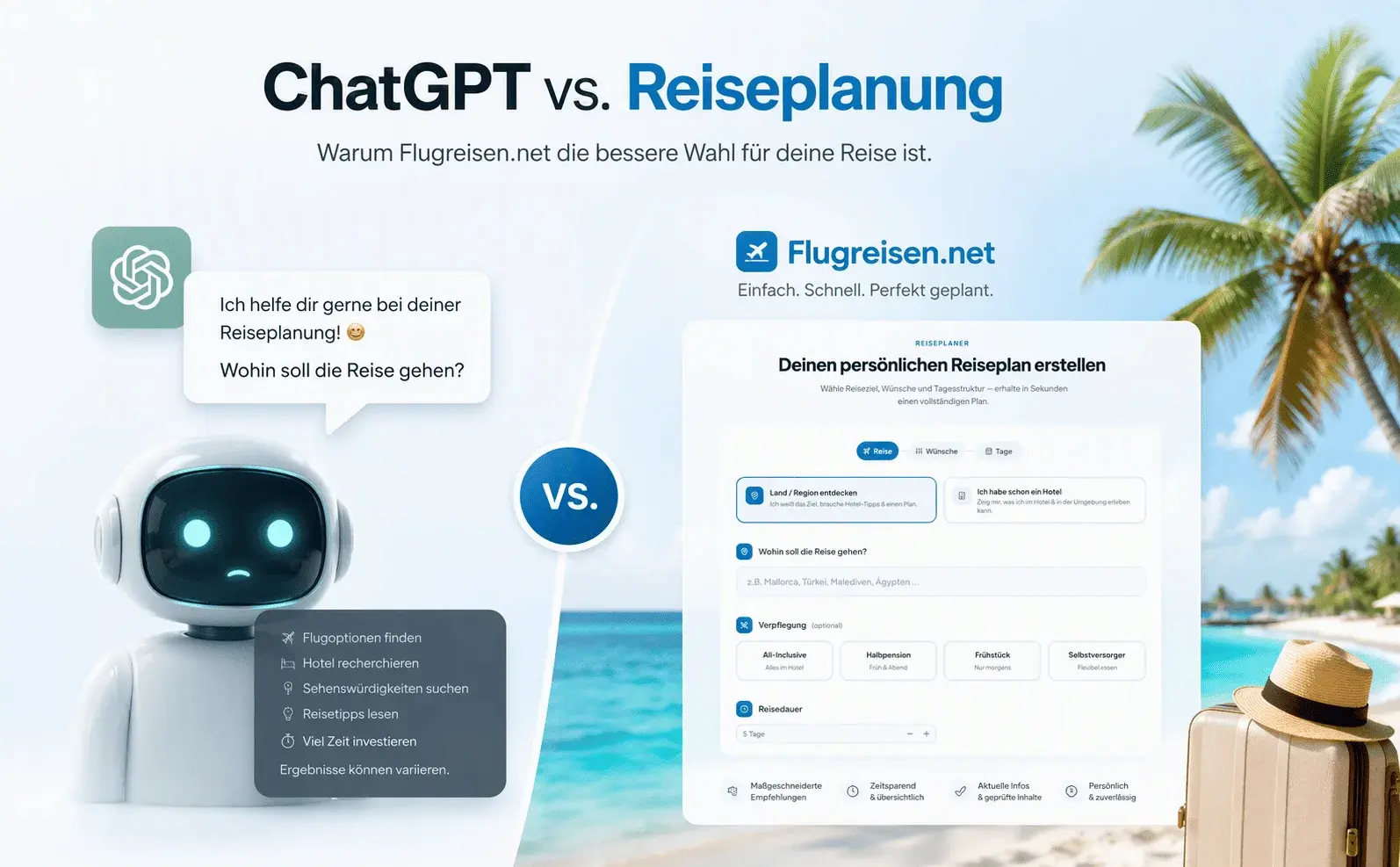 Vergleichsgrafik ChatGPT vs. flugreisen.net Reiseplaner: Links ein Chatbot, der erst nach Reiseziel und Wünschen fragt, rechts das Reiseplaner-Formular von flugreisen.net mit Feldern für Reiseziel, Verpflegung und Reisedauer