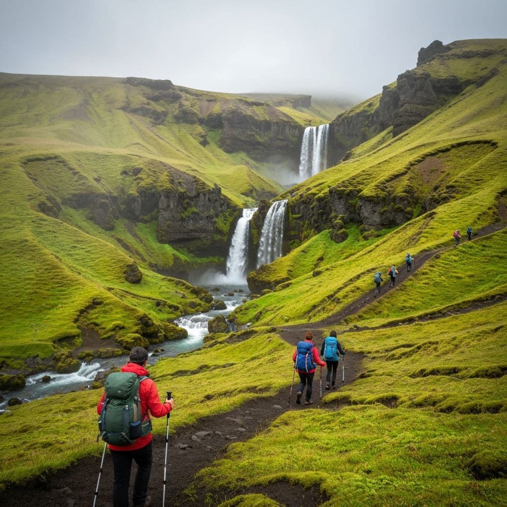 Island Landschaft mit Wasserfall und grünen Hügeln