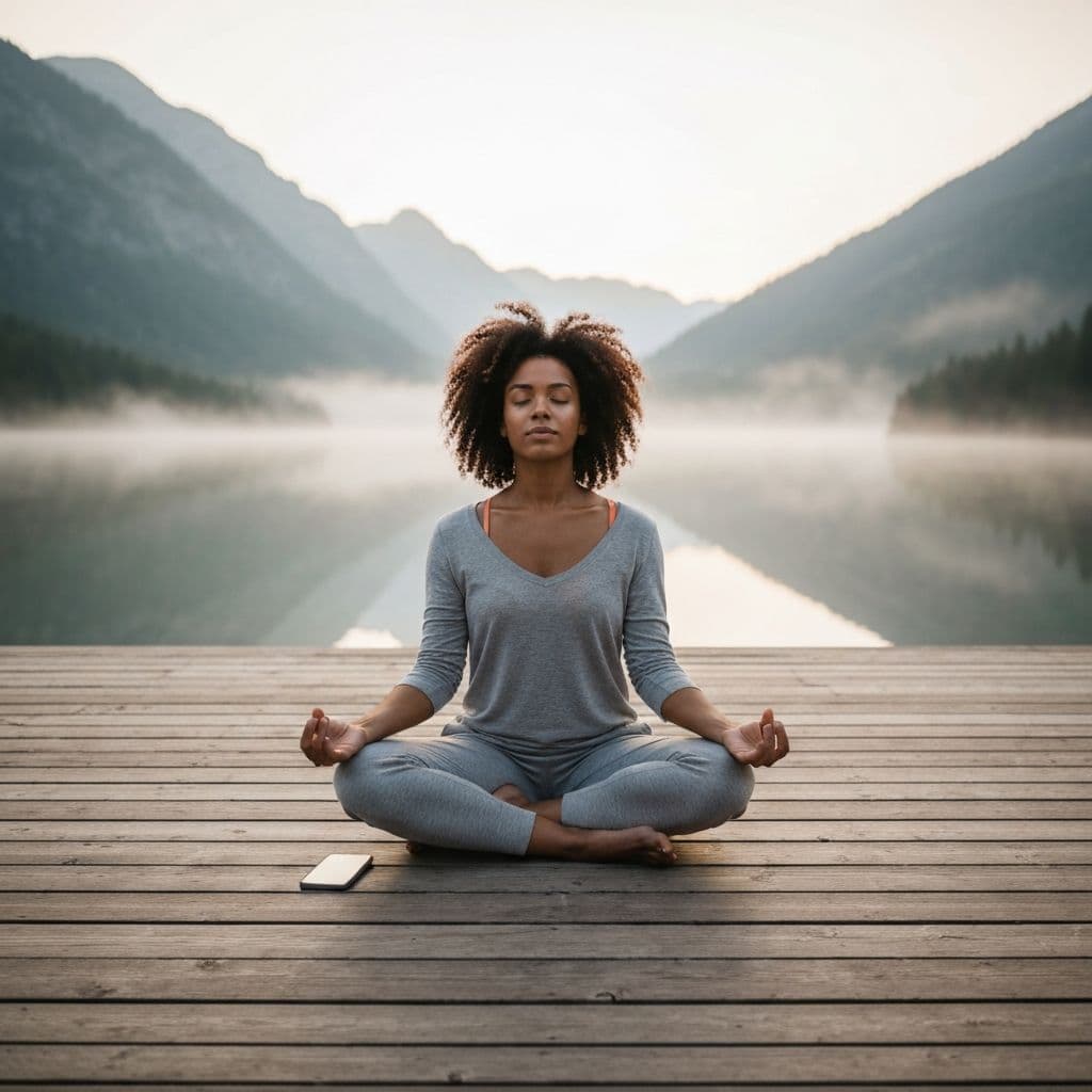 Person meditiert am Bergsee ohne Smartphone