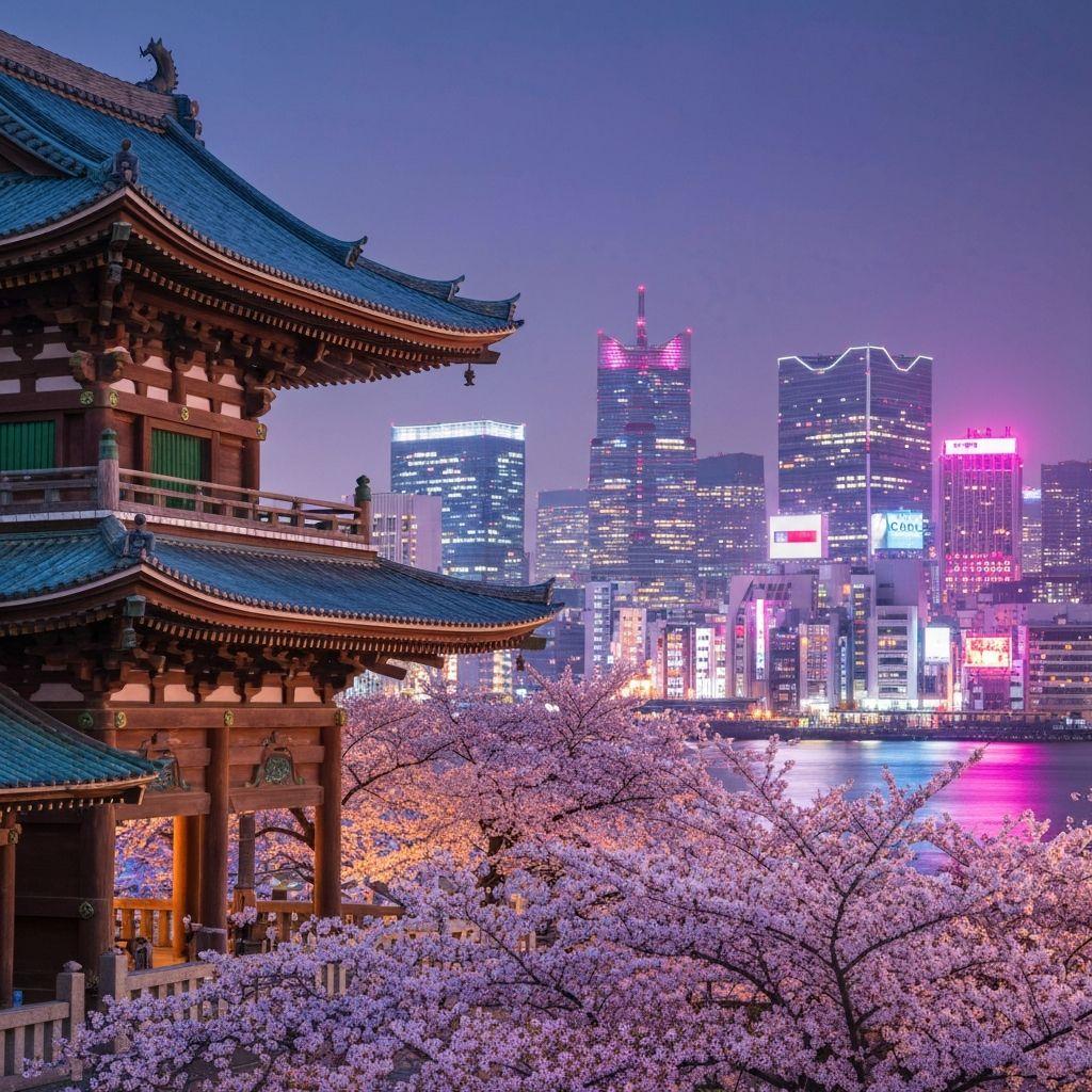 Traditioneller japanischer Tempel mit modernem Tokyo im Hintergrund
