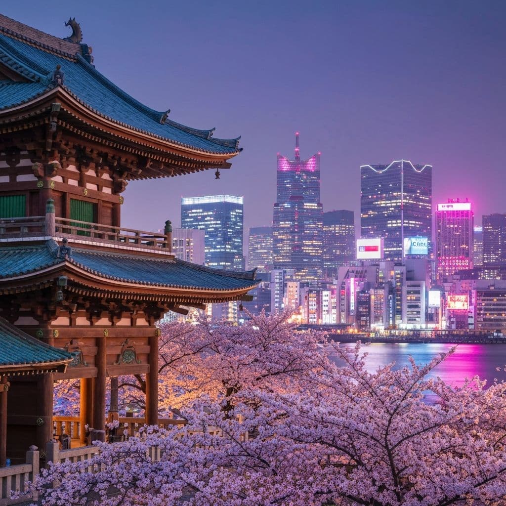 Traditioneller japanischer Tempel mit modernem Tokyo im Hintergrund
