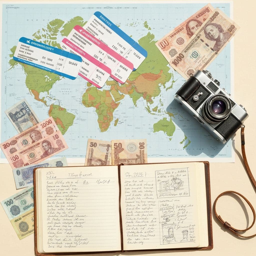 Reiseplanung mit Weltkarte und Flugtickets