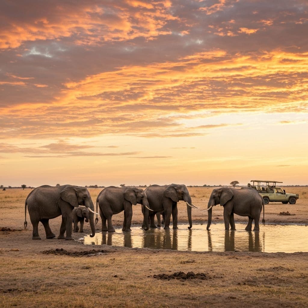 Safari in Botswana mit Elefanten bei Sonnenuntergang