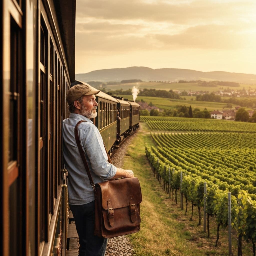 Nachtzug durch europäische Landschaft mit Weinbergen