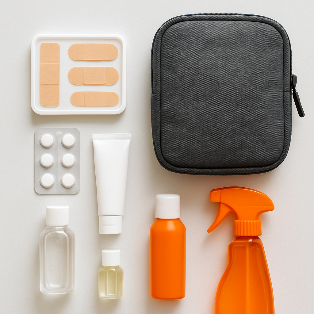 Reiseapotheke mit Pflastern, Medikamenten, Sonnencreme und Mückenschutz