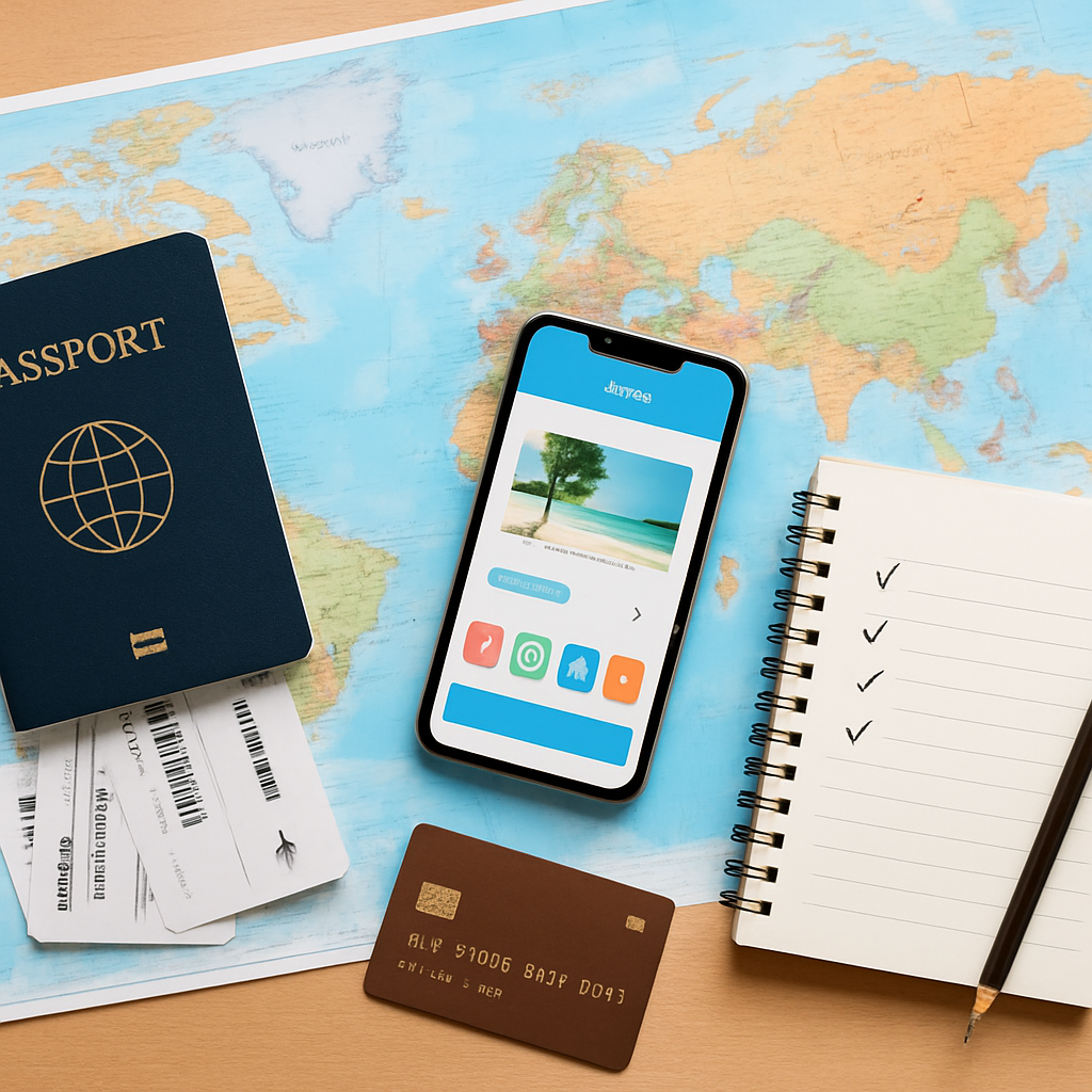 Reisedokumente wie Reisepass, Bordkarten und Weltkarte auf einem Schreibtisch
