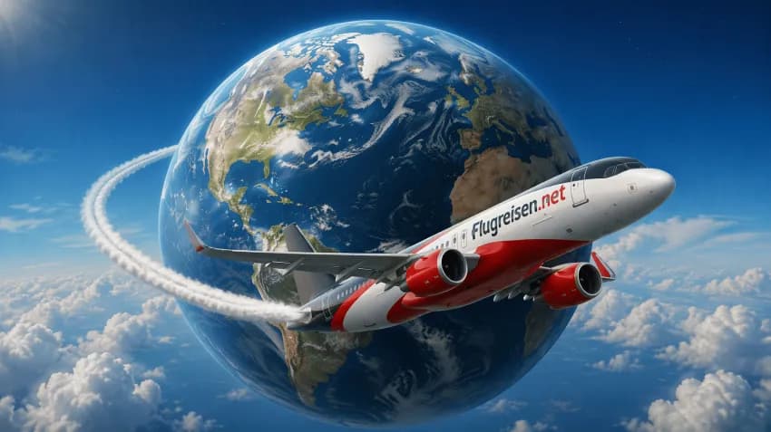 Flugzeug mit Flugreisen.net-Schriftzug fliegt um die Erde: Flüge buchen und Flugpreise vergleichen auf Flugreisen.net