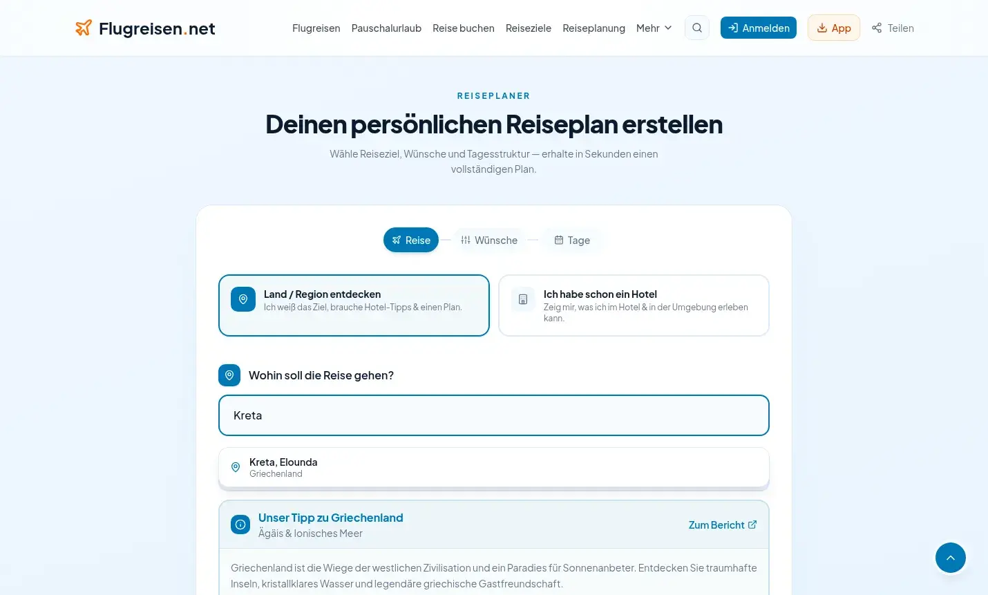 Eingabefeld für das Reiseziel Kreta mit Live-Ortsvorschlägen im flugreisen.net KI-Reiseplaner