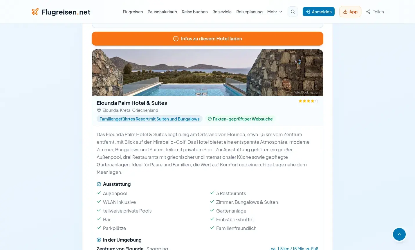 Hotelprofil mit Faktengeprüft per Websuche Badge, echtem Foto und Ausstattungsliste