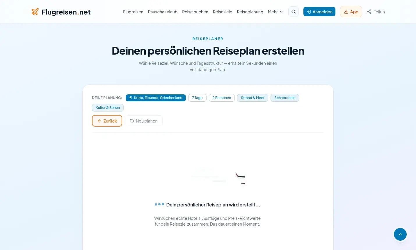 Ladezustand während der KI-Generierung mit Zusammenfassung aller gewählten Reisekriterien