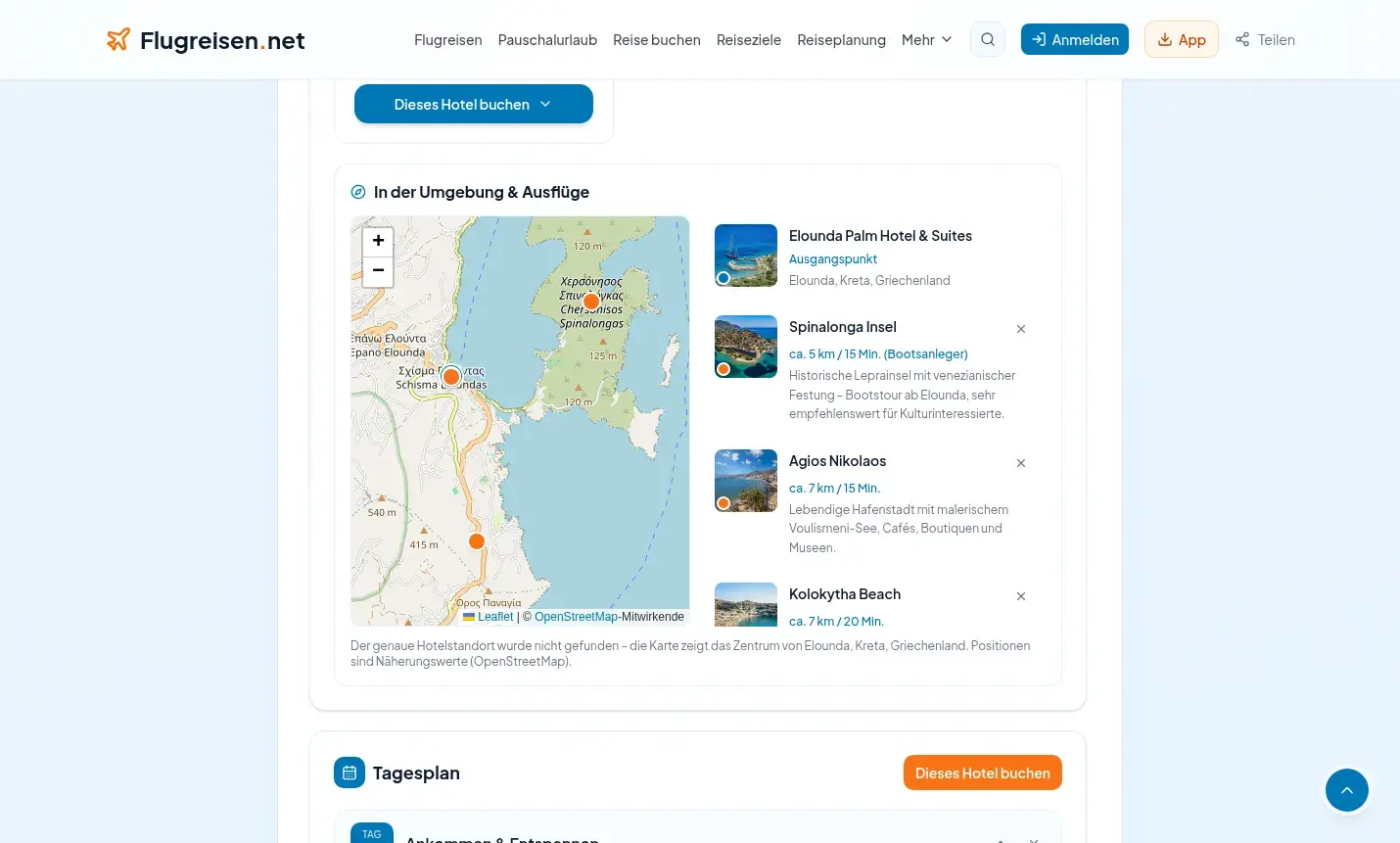 Interaktive OpenStreetMap Karte mit Hotelstandort, Spinalonga, Agios Nikolaos und Distanzangaben