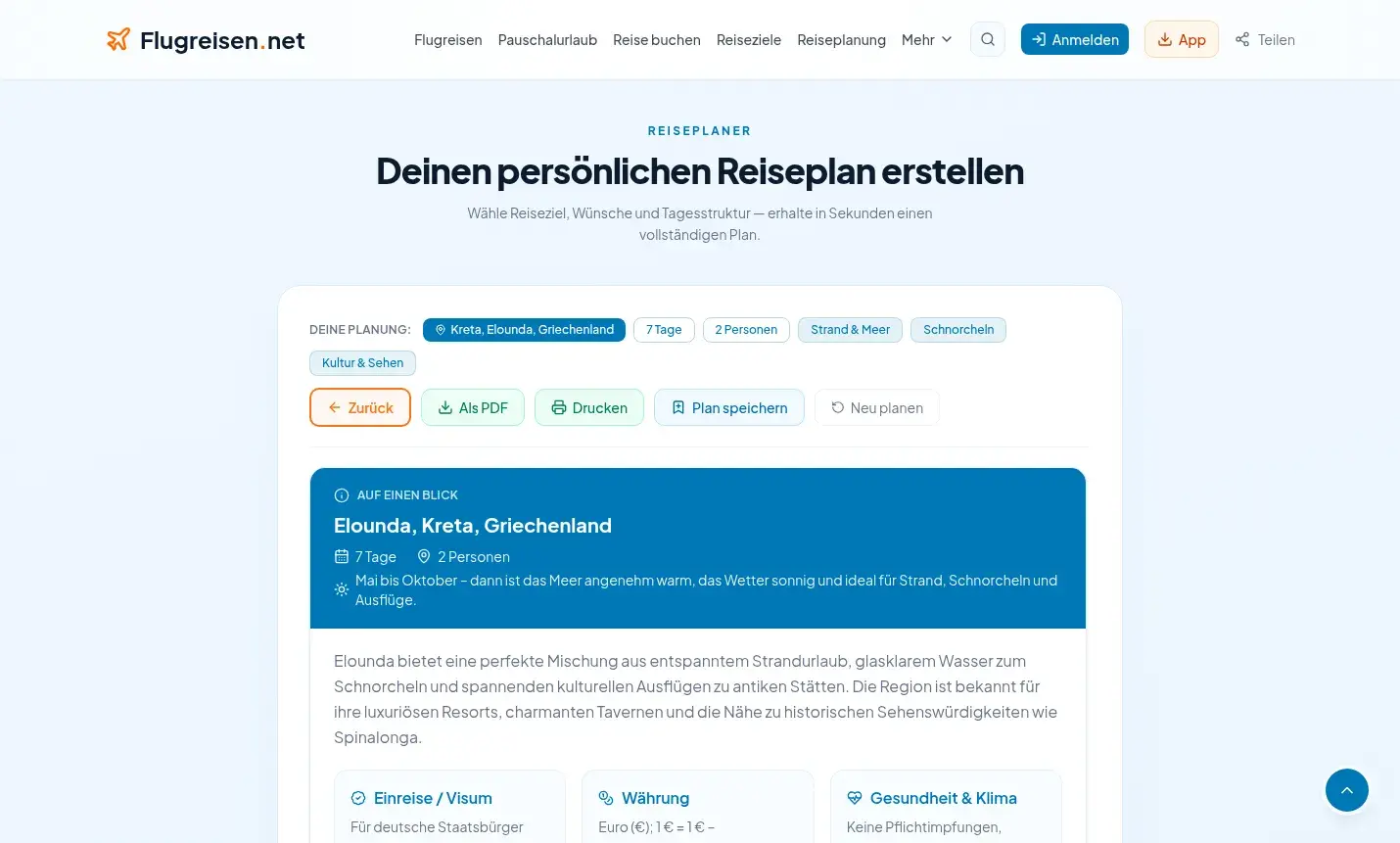Ergebnisübersicht mit Reisezeit-Empfehlung, Einreise, Währung und Klima-Infoboxen sowie PDF- und Speichern-Button