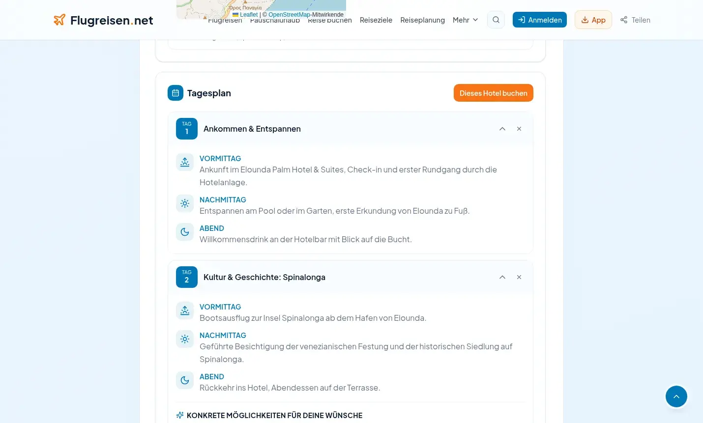 Detaillierter Tagesplan mit Vormittag, Nachmittag und Abend Aktivitäten passend zum gebuchten Hotel